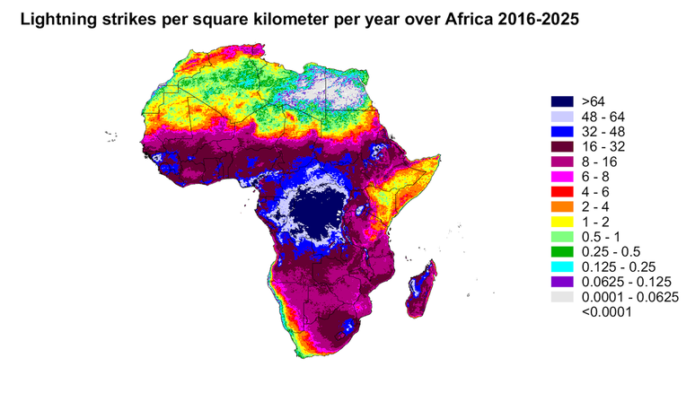 Mapa criado com dados do GLD360 da Vaisala de 2016 a 2025 por Daile Zhang, da Universidade de Dakota do Norte, CC BY