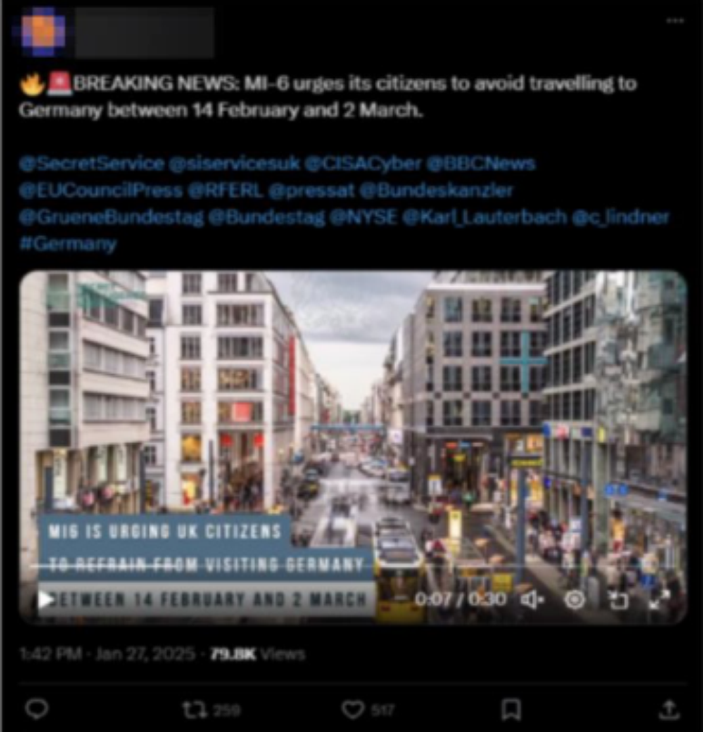 V&iacute;deo manipulado alegava falsamente que o MI6, a ag&ecirc;ncia de intelig&ecirc;ncia brit&acirc;nica, havia alertado contra viagens &agrave; Alemanha durante o per&iacute;odo eleitoral