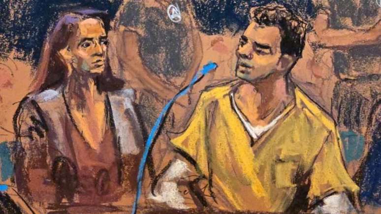 Ilustra&ccedil;&otilde;es feitas no tribunal em Nova York mostram Luigi Mangione ao microfone