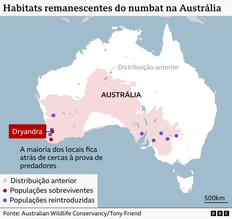Mapa da Austr&aacute;lia mostrando os habitats remanescentes do numbat.