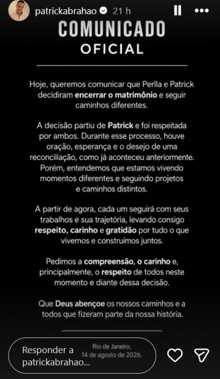 Comunicado publicado por Perlla e Patrick nas redes sociais