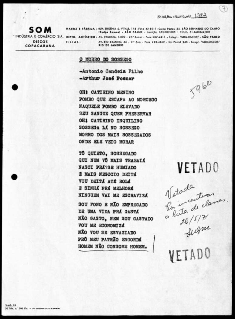 Reprodu&ccedil;&atilde;o do documento que mostra a censura da m&uacute;sica 'O Morro do Sossego', de Candeia. Imagens cedidas pela editora Mal&ecirc;, para divulga&ccedil;&atilde;o do livro de Stephen Bocskay - "Candeia, o samba, o quilombo e o ativismo negro"