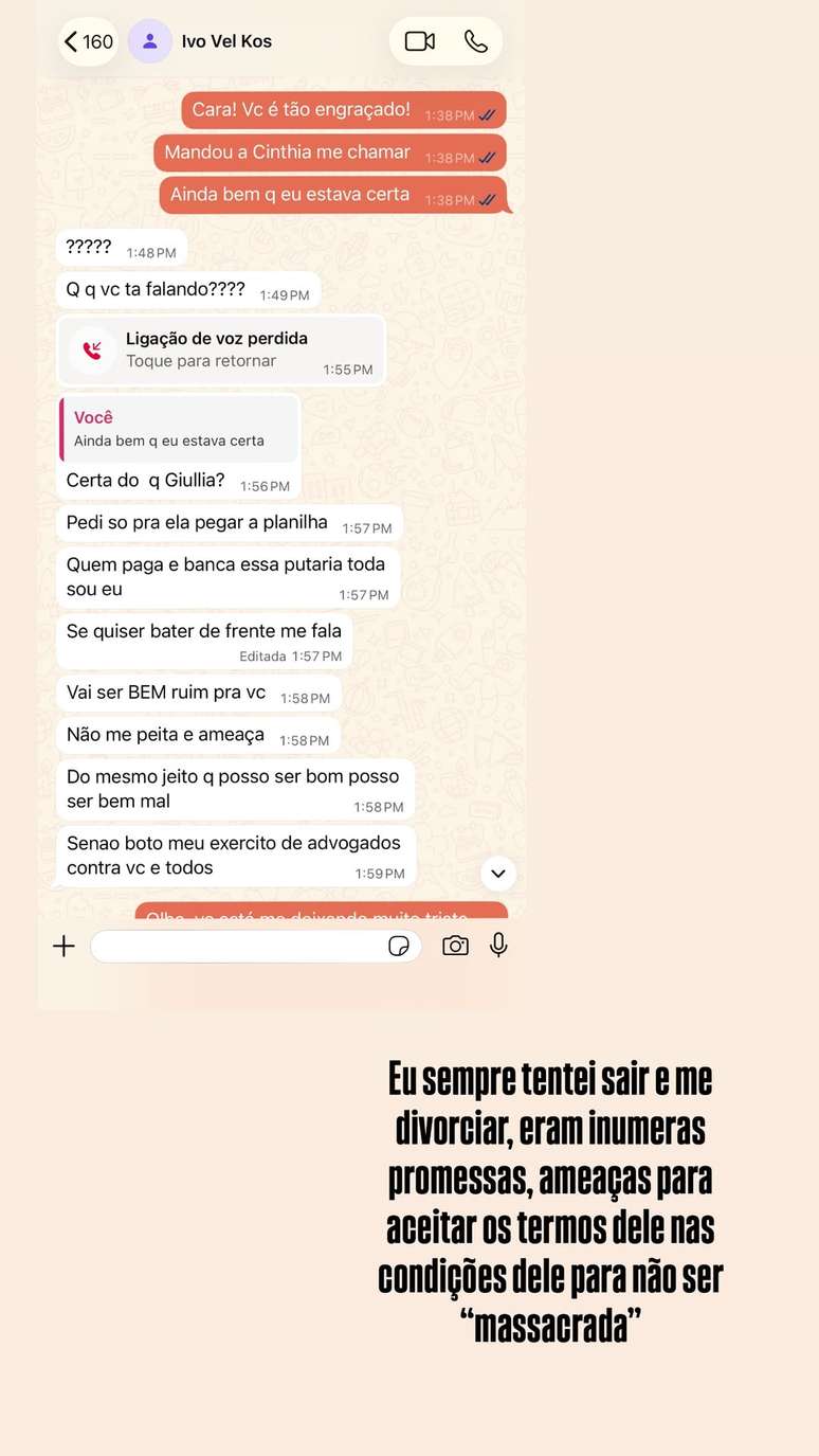 Print de conversa com o empres&aacute;rio que a esposa divulgou no Instagram