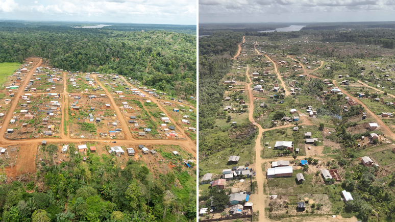 Mesma regi&atilde;o registrada em 2021 e em setembro de 2025, em fotografias que mostram o avan&ccedil;o de desmatamento e aumento da ocupa&ccedil;&atilde;o
