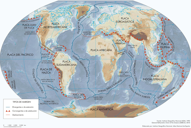 Um mapa da Terra com as divis&otilde;es das placas tect&ocirc;nicas