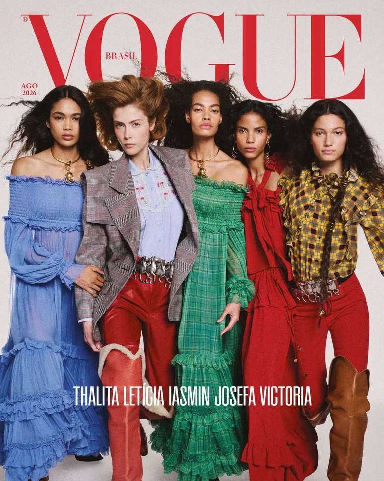 Thalita Ferreira, Let&iacute;cia Hall, Iasmin Reis, Josefa Santos e Victoria Blecher para a Vogue de agosto de 2026 