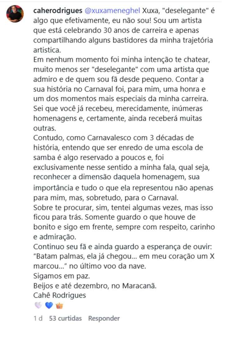 Coment&aacute;rios de Xuxa Meneghel e Cah&ecirc; Rodrigues envolvendo poss&iacute;vel cita&ccedil;&atilde;o de cantora a samba-enredo de carnaval em sua homenagem em show da turn&ecirc; 'O &Uacute;ltimo Voo da Nave'