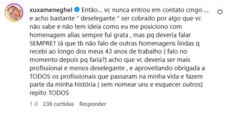 Coment&aacute;rios de Xuxa Meneghel e Cah&ecirc; Rodrigues envolvendo poss&iacute;vel cita&ccedil;&atilde;o de cantora a samba-enredo de carnaval em sua homenagem em show da turn&ecirc; 'O &Uacute;ltimo Voo da Nave'