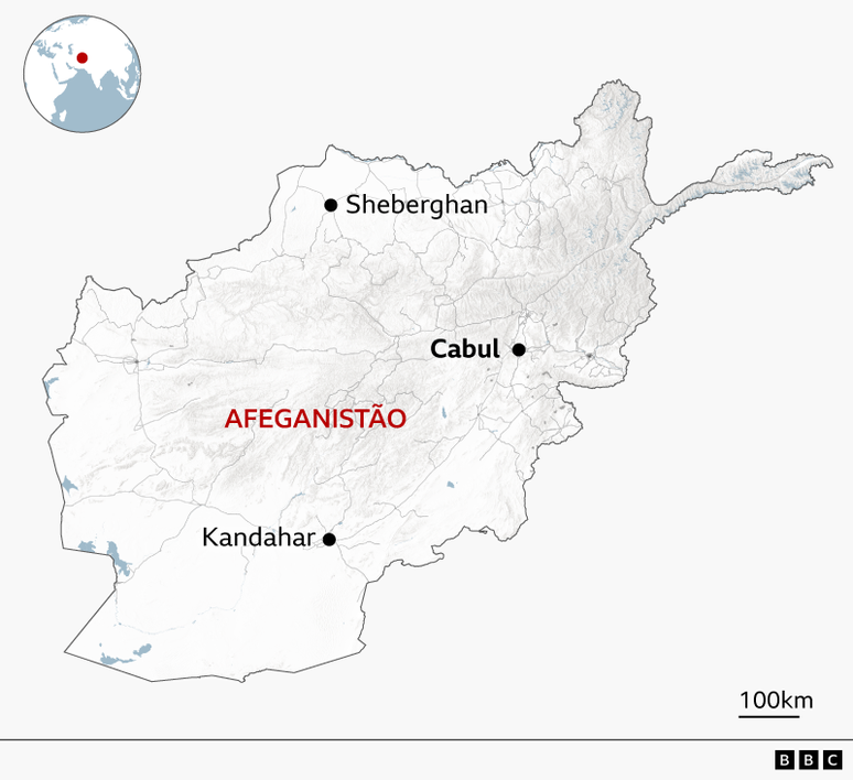 Mapa do Afeganist&atilde;o mostra Sheberghan, no norte, a capital Cabul, na regi&atilde;o centro-leste do pa&iacute;s, e Kandahar, no sul