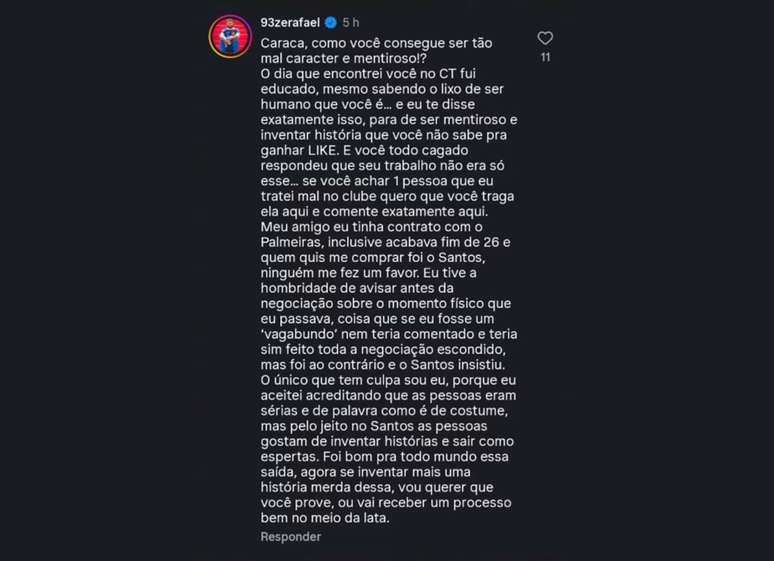 Jogador rebate nova declara&ccedil;&atilde;o envolvendo o Santos no Instagram &ndash;