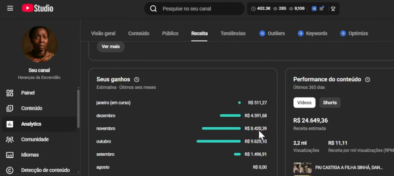 Canal no YouTube mostra dashboard com supostos ganhos em p&aacute;gina sobre escravid&atilde;o no Brasil. A p&aacute;gina agora est&aacute; fora do ar.
