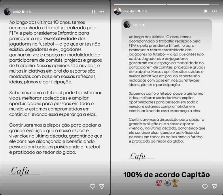 Cafu publicou nos stories do Instagram e Roberto Carlos concordou &ndash;