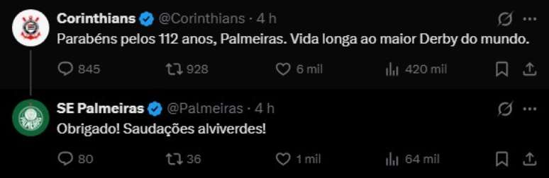 Corinthians parabeniza Palmeiras em rede social.