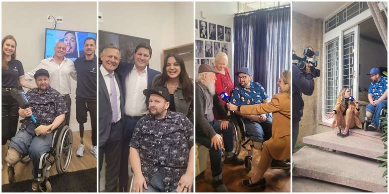O artista com a equipe da empresa doadora da pr&oacute;tese, junto com os apresentadores do 'Balan&ccedil;o Geral' e nas grava&ccedil;&otilde;es de mat&eacute;ria exibida na Record