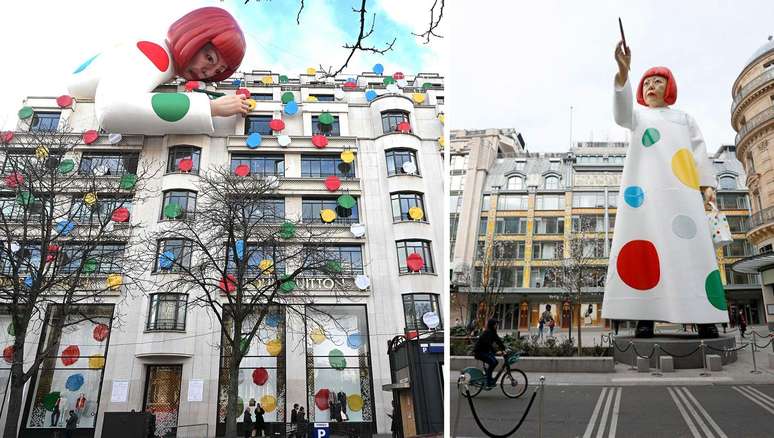 Em 2023, uma escultura de Yayoi Kusama foi instalada em frente &agrave; Maison Louis Vuitton, em Paris, com a loja coberta de bolinhas coloridas