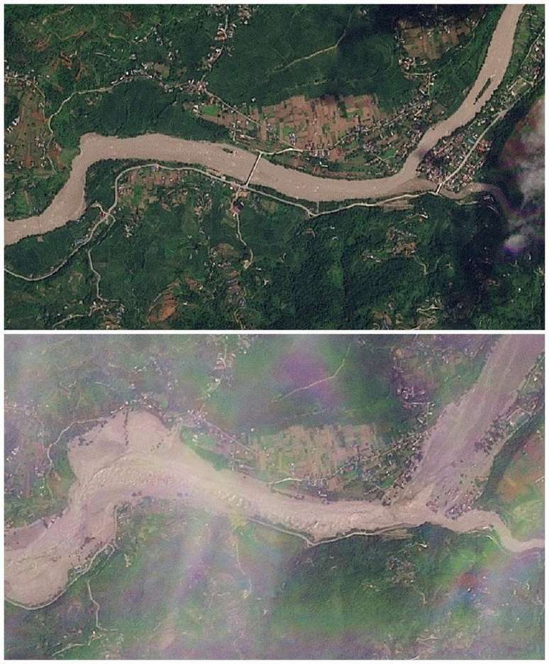 Imagens de sat&eacute;lite de Khadga Bhanjyang, no rio Trishuli, feitas com tr&ecirc;s dias de diferen&ccedil;a, mostram a dimens&atilde;o das inunda&ccedil;&otilde;es.