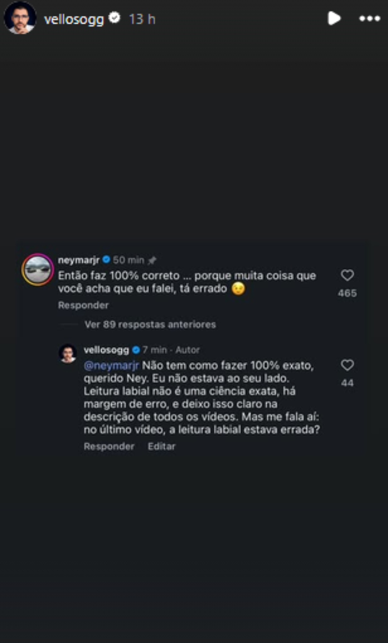 Print publicado por Velloso mostra resposta de Neymar 