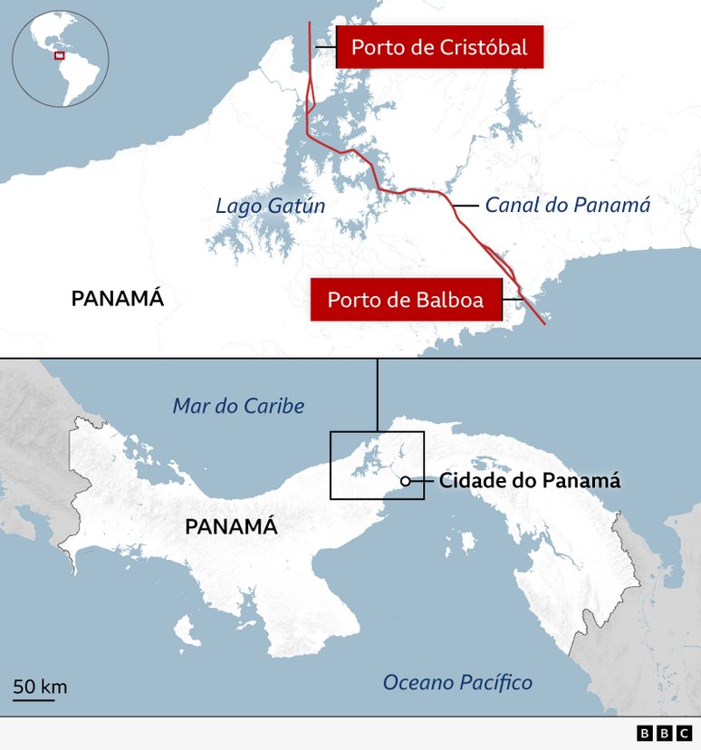 Um mapa da BBC do Panam&aacute; mostra o trajeto do Canal do Panam&aacute;, entre o Porto de Crist&oacute;bal, na costa do Caribe, e o Porto de Balboa, na costa do Pac&iacute;fico. Um mapa de localiza&ccedil;&atilde;o da BBC abaixo destaca a posi&ccedil;&atilde;o do canal, perto da Cidade do Panam&aacute;, no estreito istmo que liga o Mar do Caribe ao Oceano Pac&iacute;fico