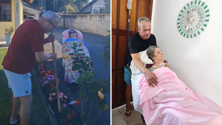 Luis leva Rose junto para aproveitar o dia enquanto cuida do jardim da casa.