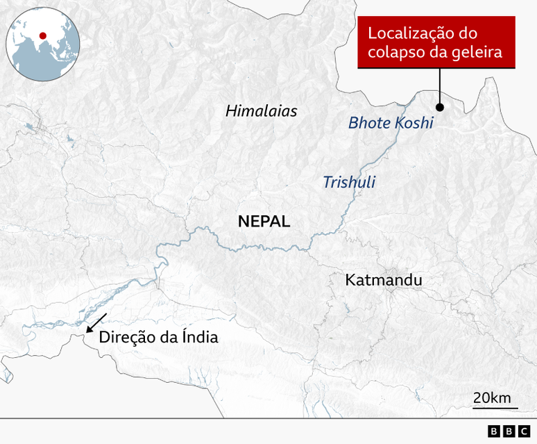 Mapa com a localiza&ccedil;&atilde;o dos rios Bhote Koshi e Trishuli, onde ficam as usinas hidrel&eacute;tricas atingidas pela avalanche no Nepal
