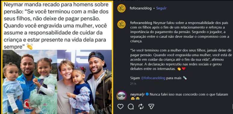 Jogador Neymar reage a coment&aacute;rio sobre pens&atilde;o em rede social