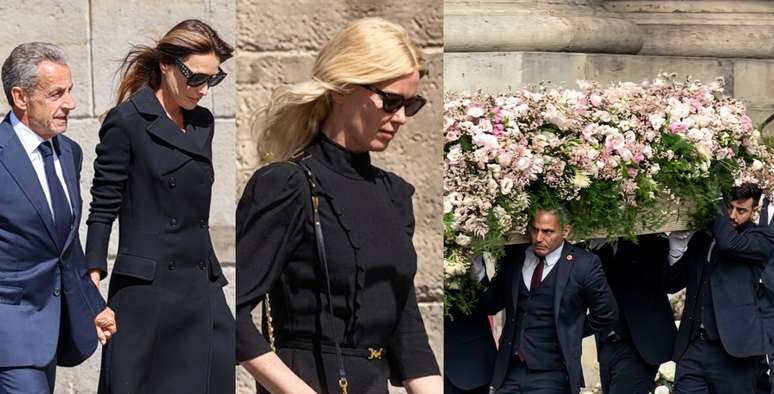 Nicolas Sarkozy, Carla Bruni e Claudia Schiffer na missa de Mathilde Favier; na sa&iacute;da da igreja, flores cobriram o caix&atilde;o de vime
