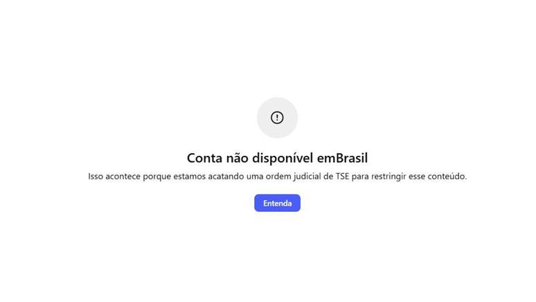 Ao tentar acessar perfil de Renan Santos, usu&aacute;rio se depara com mensagem da plataforma que diz "Conta n&atilde;o dispon&iacute;vel em Brasil. Isso acontece porque estamos acatando uma ordem judicial de TSE para restringir esse conte&uacute;do".