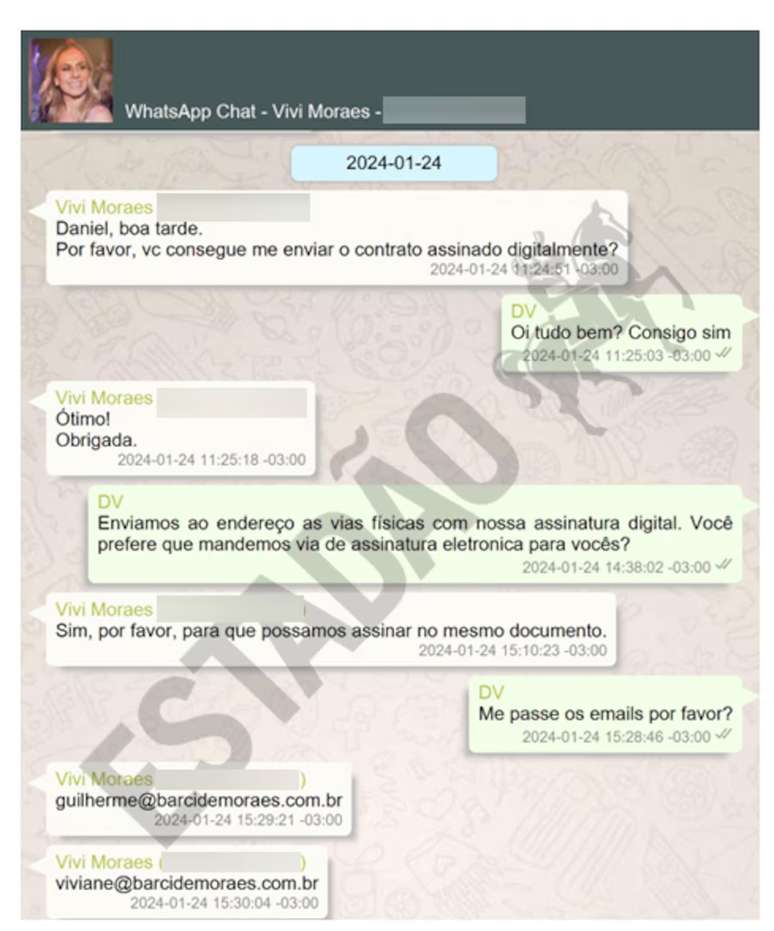 Viviane Barci de Moraes pediu a Daniel Vorcardo que o contrato fosse enviado assinado eletronicamente  