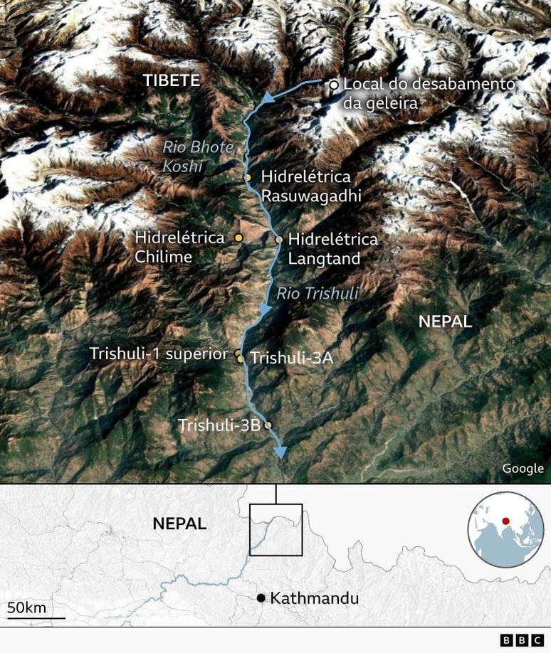 Mapa mostra o local do desabamento da geleira e as usinas hidrel&eacute;tricas ao longo do rio Trishuli