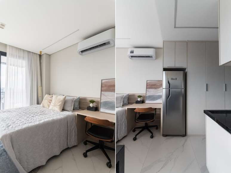 Neste dormit&oacute;rio, a mesa de cabeceira assume uma fun&ccedil;&atilde;o que vai al&eacute;m do apoio &agrave; cama: sua marcenaria se prolonga para criar uma esta&ccedil;&atilde;o de trabalho e estudos, conectando-se visualmente &agrave; cabeceira, &agrave; cama e ao arm&aacute;rio da cozinha. Assim, o m&oacute;vel deixa de ser um elemento isolado e passa a integrar a arquitetura do ambiente |&nbsp;Projeto: ResiliArt Arquitetura&nbsp;| Fotos: Erika Waldmann