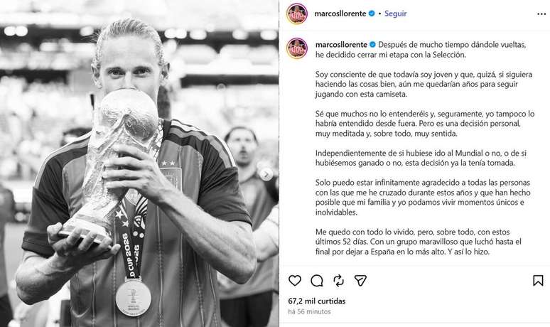 Llorente fez uma postagem nas redes para anunciar a despedida da sele&ccedil;&atilde;o espanhola &ndash;