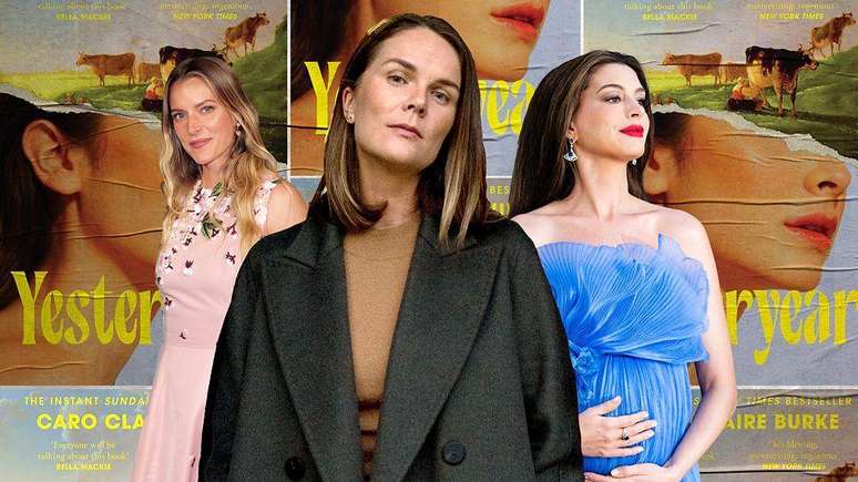 Montagem com imagens da influenciadora Hannah Neeleman, da escritora Caro Clair Burke e da atriz Anne Hathaway, em frente a um cartaz com a capa da edi&ccedil;&atilde;o inglesa do livro 'Bons Tempos: Yesteryear'