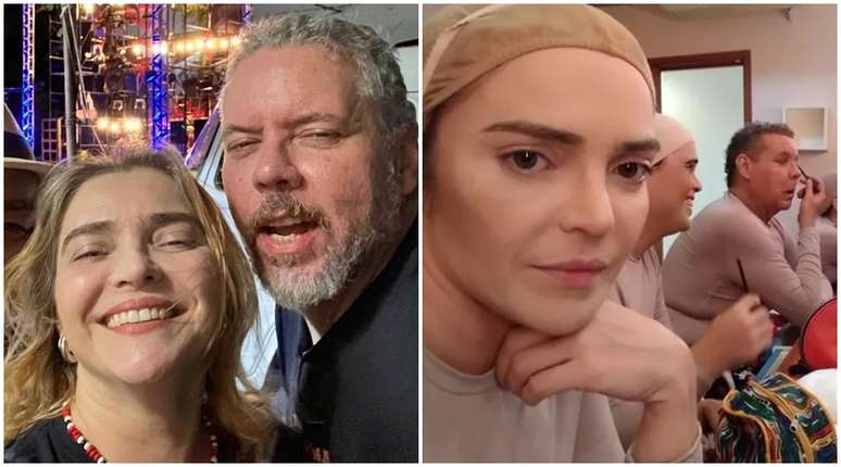 Os amigos e parceiros art&iacute;sticos Titina Medeiros e Marc&iacute;lio Amorim em um show e no camarim do espet&aacute;culo 'Meu Serid&oacute;', em 2019