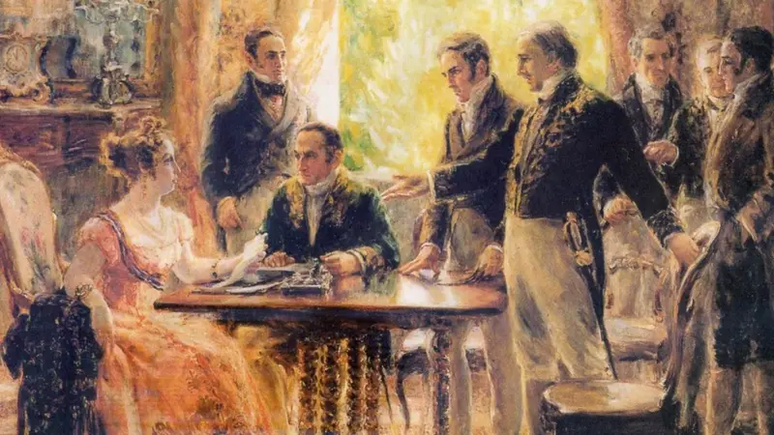 Reuni&atilde;o de Leopoldina com o Conselho de Ministros em 2 de setembro de 1822; escritores t&ecirc;m reivindicado a ela uma imagem menos passiva na hist&oacute;ria nacional