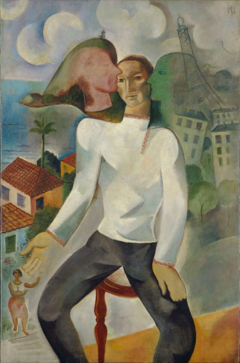 'Autorretrato de 1927' (ou Rio/Paris), uma das obras mais emblem&aacute;ticas de Ismael Nery, em que aparece sentado numa cadeira flutuante entre a Torre Eiffel e o P&atilde;o de A&ccedil;&uacute;car, com perfis refletidos nas duas paisagens.