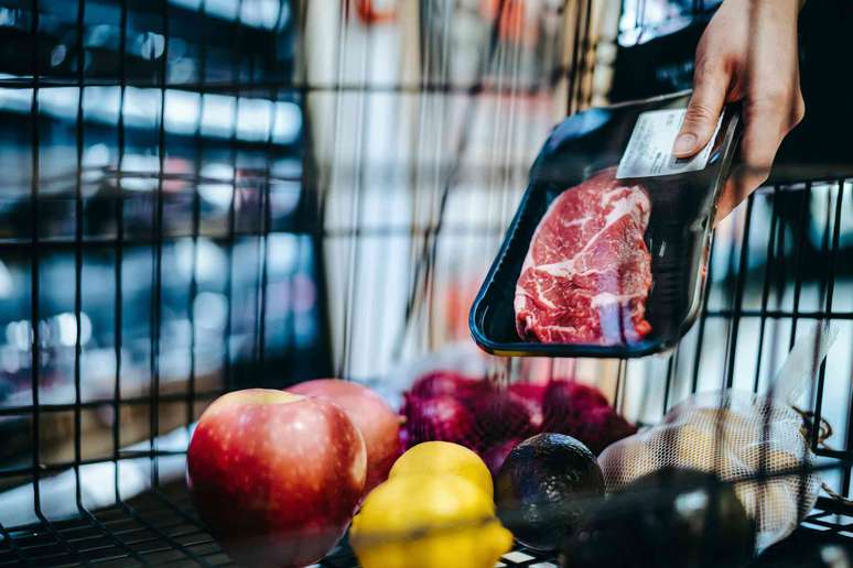 Pessoa colocando um pacote de bife no carrinho de compras
