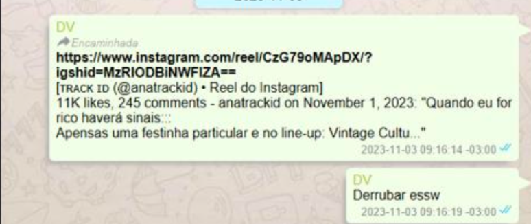Daniel Vorcaro deu ordem para derrubar publica&ccedil;&atilde;o de Ana no Instagram, mostra imagem em relat&oacute;rio da PF