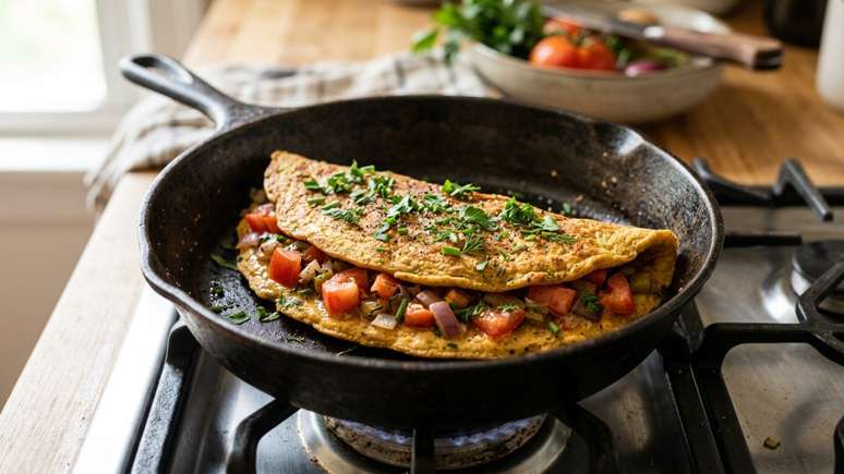Preparo de omelete vegetal na frigideira com temperos frescos para uma refei&ccedil;&atilde;o pr&aacute;tica e nutritiva.