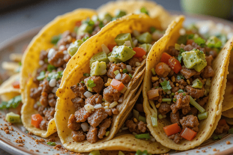 Taco de gr&atilde;o-de-bico com carne mo&iacute;da e abacate 