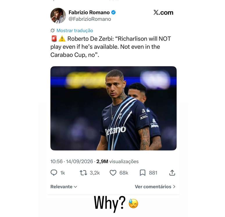 Richarlison nas redes sociais &ndash;