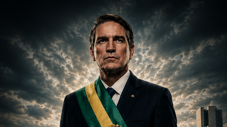 O ator americano Jim Caviezel como Jair Bolsonaro em cartaz do filme Dark Horse