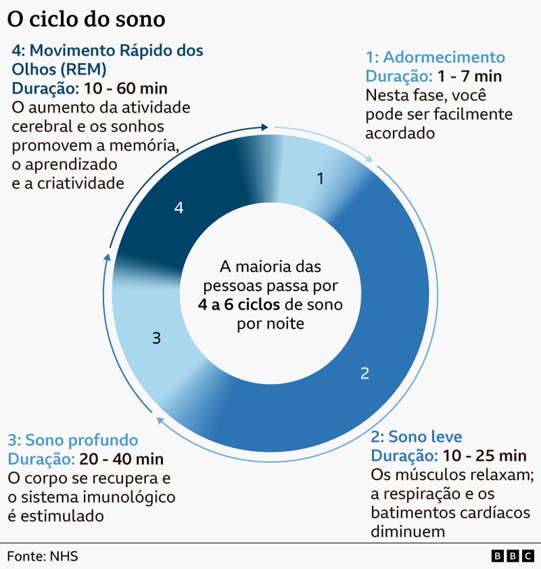 Gr&aacute;fico circular ilustrando os est&aacute;gios do sono:
1. O adormecimento dura entre 1 e 7 minutos. Voc&ecirc; pode ser facilmente acordado nesta fase.
2. O sono leve dura de 10 a 25 minutos. Os m&uacute;sculos ficam relaxados e a respira&ccedil;&atilde;o e os batimentos card&iacute;acos diminuem.
3. O sono profundo dura entre 20 e 40 minutos. Este est&aacute;gio &eacute; fundamental para a recupera&ccedil;&atilde;o do corpo e o est&iacute;mulo do sistema imunol&oacute;gico.
4. O movimento r&aacute;pido dos olhos (REM) dura de 10 a 60 minutos. &Eacute; neste ponto que a atividade cerebral aumenta e n&oacute;s sonhamos. Ele &eacute; importante para o aprendizado e a criatividade.