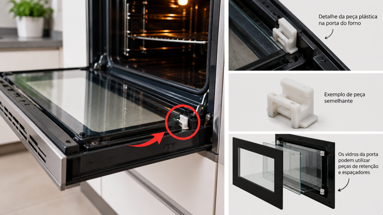 Aquela pequena pe&ccedil;a de pl&aacute;stico na porta do forno pode ser importante. Entenda o papel de presilhas, espa&ccedil;adores e suportes no conjunto interno.