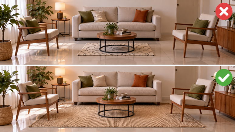 Onde colocar o tapete na sala? Veja como alinhar a pe&ccedil;a com sof&aacute;, poltronas e mesa de centro para integrar os m&oacute;veis e deixar o ambiente mais harmonioso.