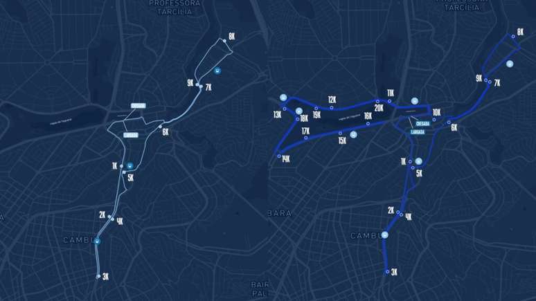 Mapa dos percursos de 10 km e 21 km
