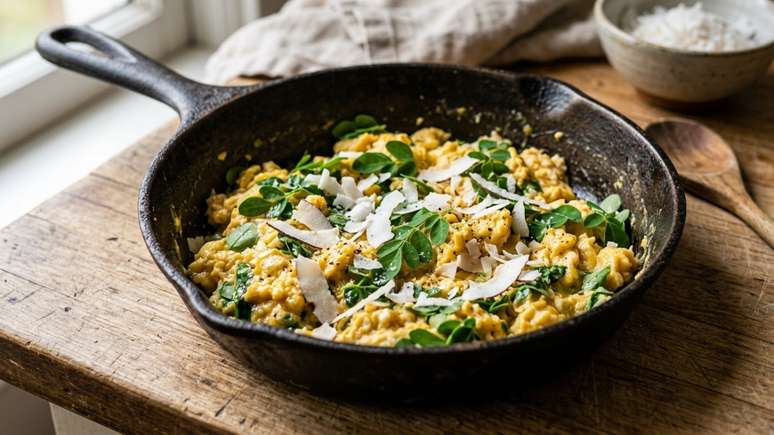 Refogado nutritivo de folhas frescas de moringa com ovos e especiarias arom&aacute;ticas.