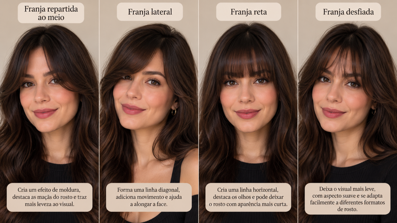 Como a franja muda o formato do rosto? Entenda o efeito visual de diferentes maneiras de pentear e finalizar os fios, sem precisar fazer um novo corte.