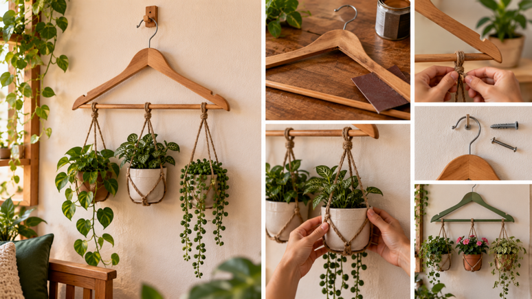 Um simples cabide de madeira pode ganhar nova fun&ccedil;&atilde;o na decora&ccedil;&atilde;o. Veja como us&aacute;-lo para criar um suporte vertical para plantas em espa&ccedil;os compactos.