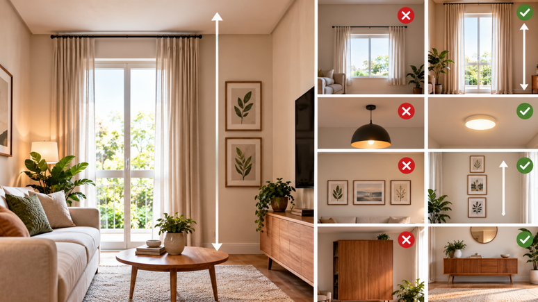 Alguns elementos podem fazer o teto parecer ainda mais baixo. Veja o que evitar e como usar cortinas, lumin&aacute;rias e m&oacute;veis para criar mais sensa&ccedil;&atilde;o de altura.