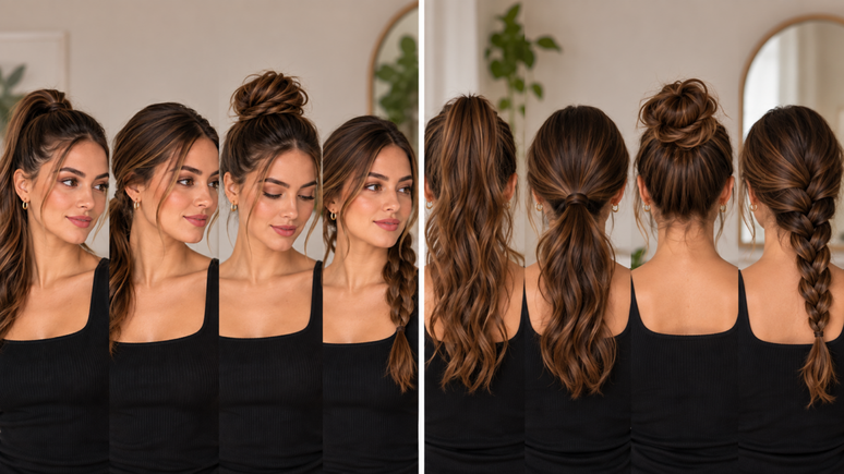 Como o penteado muda a apar&ecirc;ncia do rosto? Veja como altura, volume, dire&ccedil;&atilde;o dos fios e mechas soltas criam diferentes efeitos visuais no rosto e no pesco&ccedil;o.
